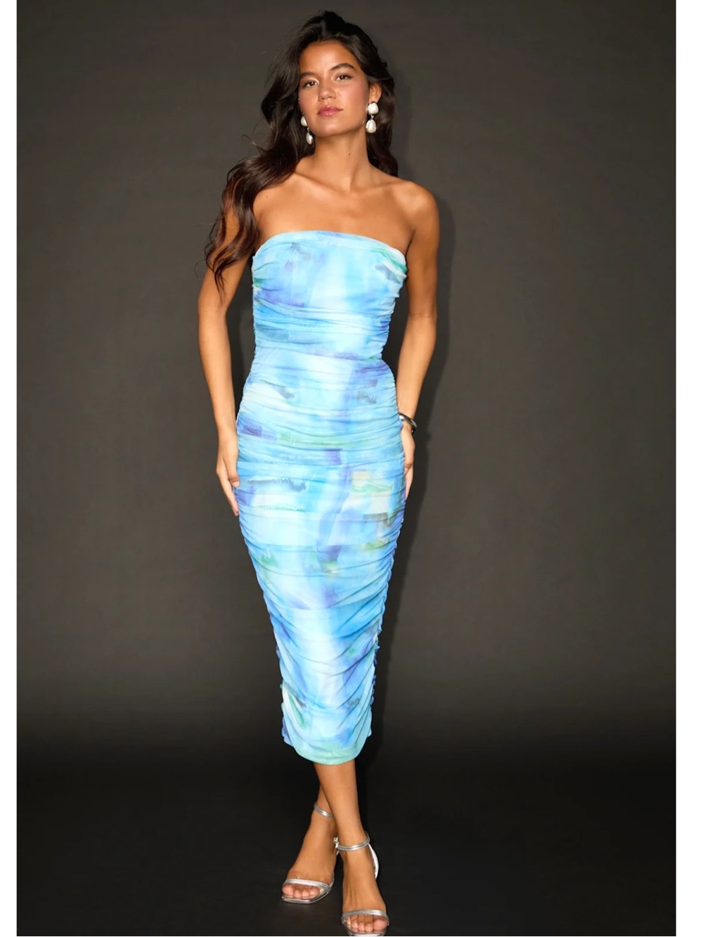 Lulus Vania Abstract Blue Mesh Ruched Strapless Midi Dress Wedding Guest Event